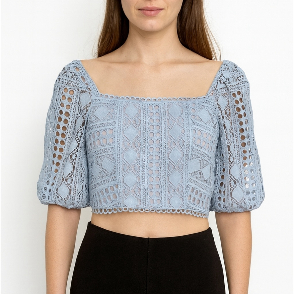 En Saison Blue Crochet Lace Crop Top XS
